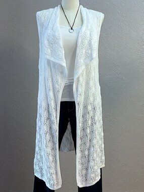 Long Crochet White Vest Open Weave Boho Duster Sleeveless Cardigan Large
